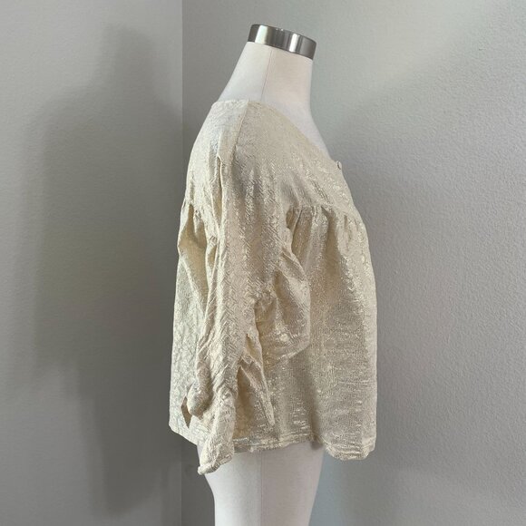 Sezane Womens 4 US Metallic Button Up Blouse 3/4 Ruched Sleeve Shirt Top - Picture 6 of 13